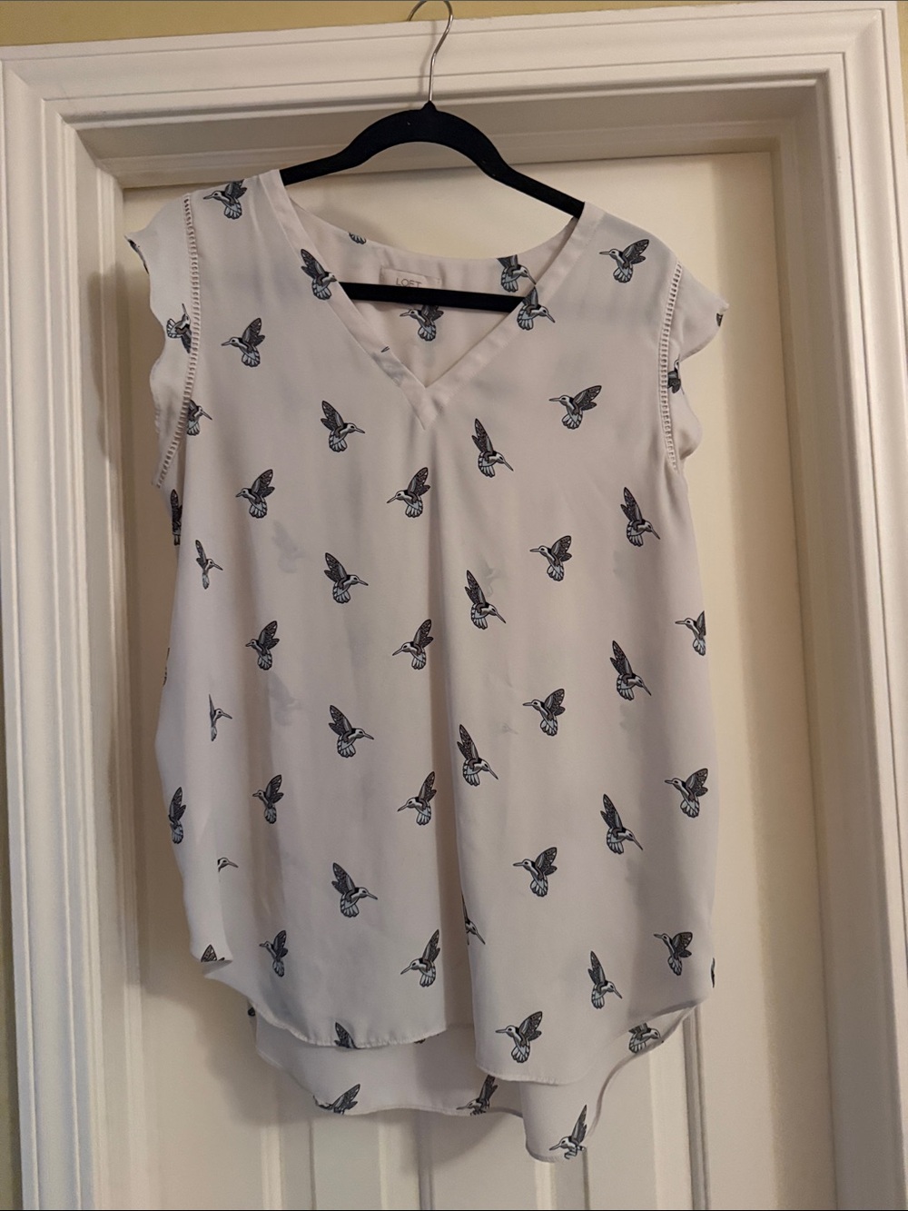 LOFT White Cap Sleeve V-Neck Top with Navy Bird Print